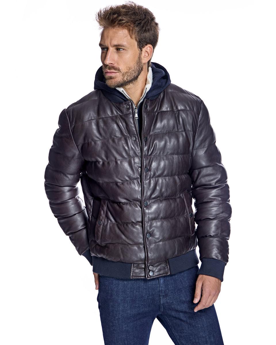 Men's Leather Puffer Jacket with Hood Product Image