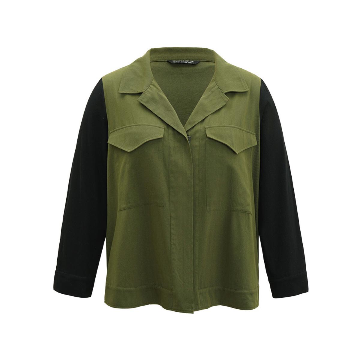 Plus Size Contrast Lapel Collar Pocket Zipper Fly Coat Women Green Casual Contrast Ladies Dailywear Winter Coats BloomChic 30/6X Product Image