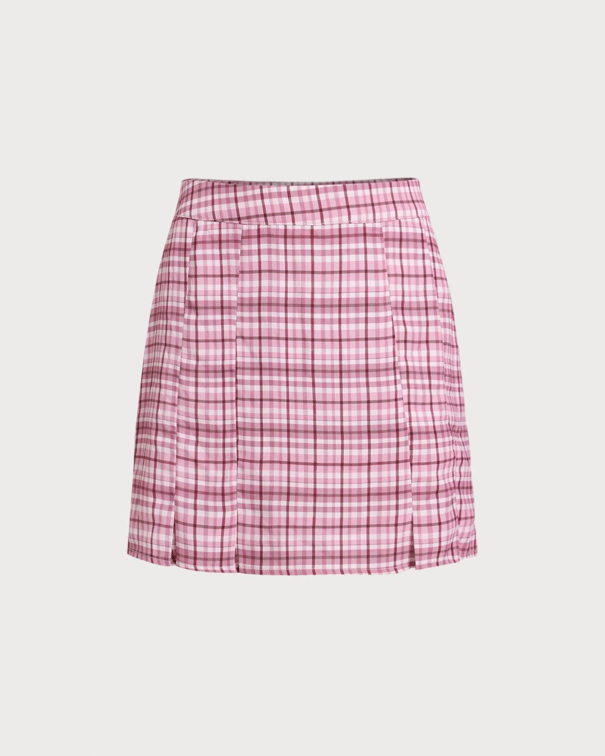 Pink Plaid Straight Mini Skirt Product Image