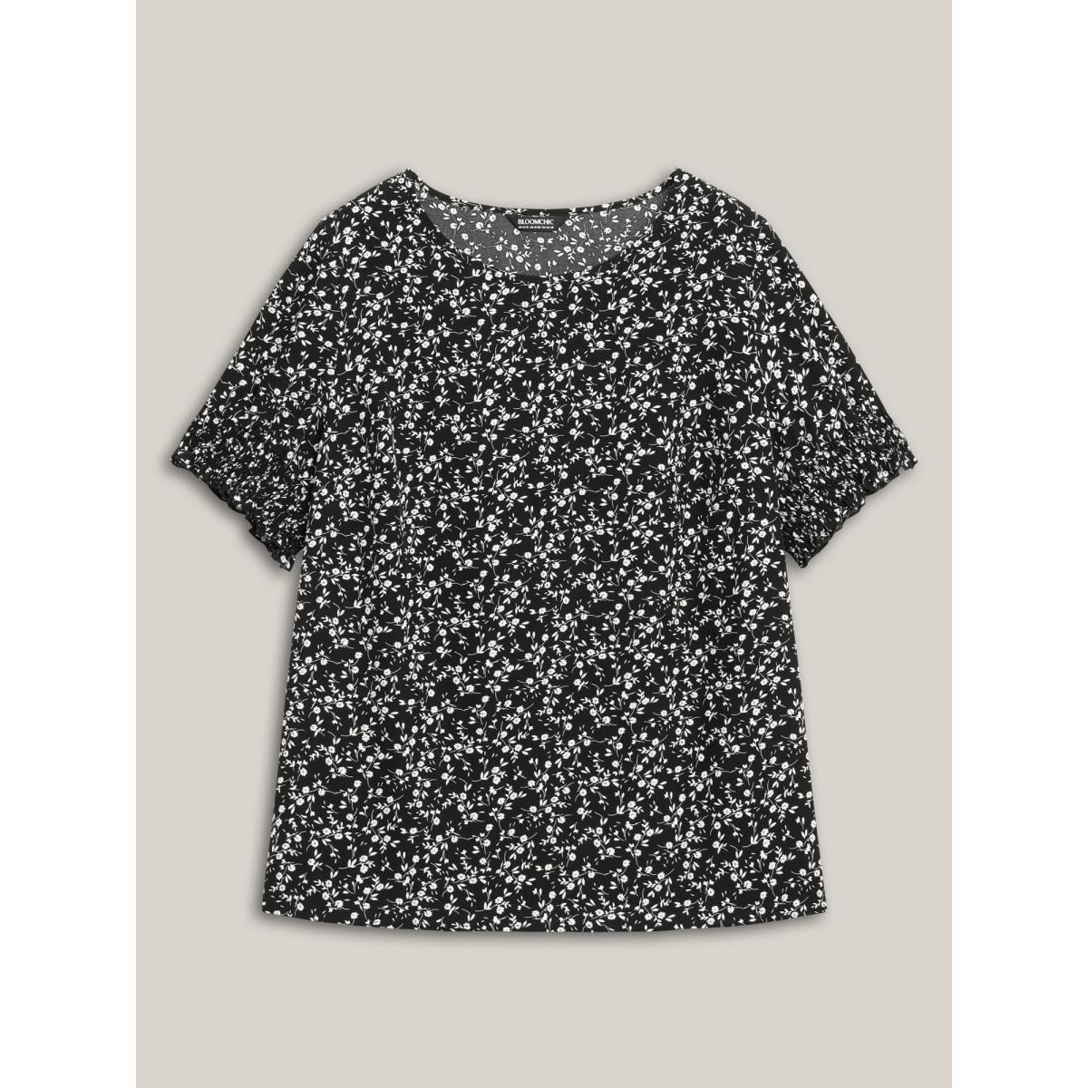 Plus Size Black Ditsy Floral Print Curvy Hem Blouse Women Elegant Elbow-length sleeve Round Neck Everyday Blouses BloomChic 30/6X Product Image