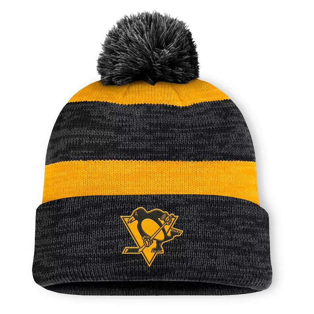 Men's Fanatics Black Pittsburgh Penguins Fundamental Red Line Cuffed Knit Hat with Pom Product Image