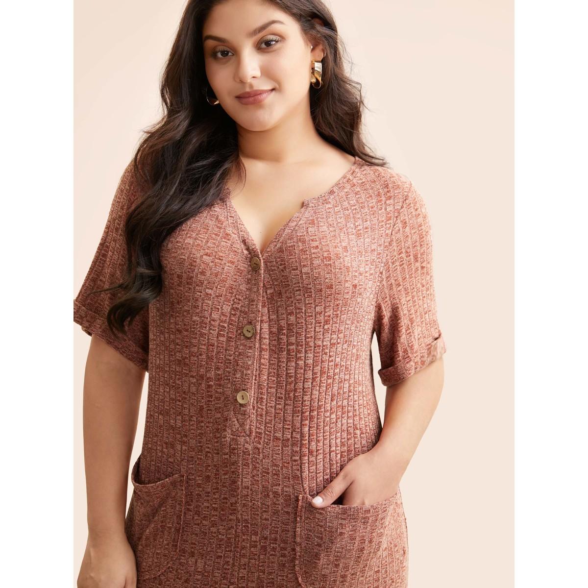 Plus Size Burgundy Texture Button Up Patch Pocket Jumpsuit Women Casual Half Sleeve Flat collar with V-notch Everyday Loose Jumpsuits BloomChic 22-24/3X Product Image