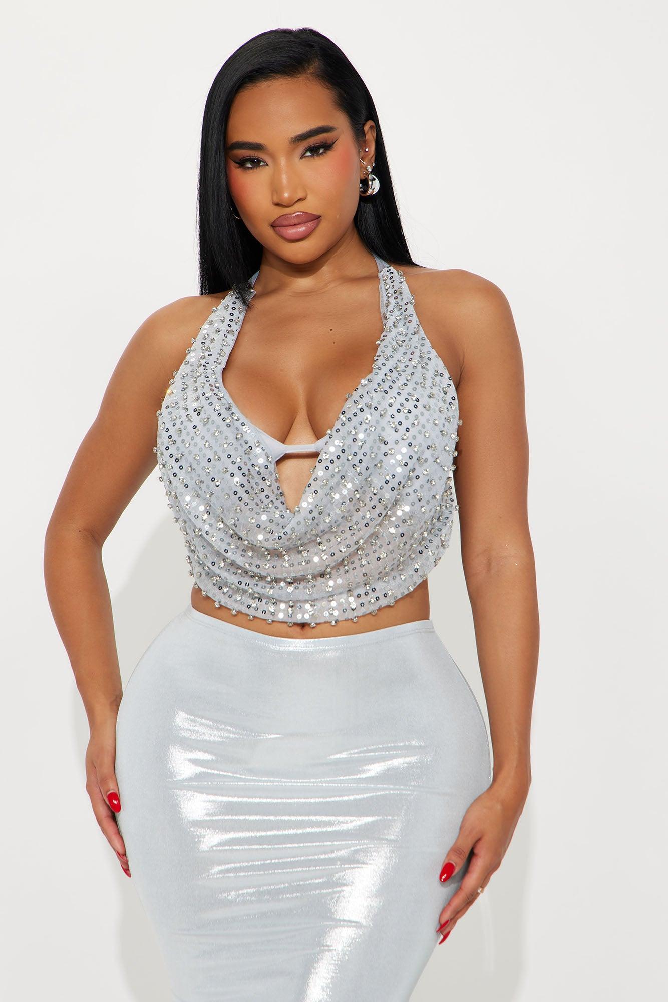 Don't Fit In Built In Bra Rhinestone Halter Top - Silver Female Product Image