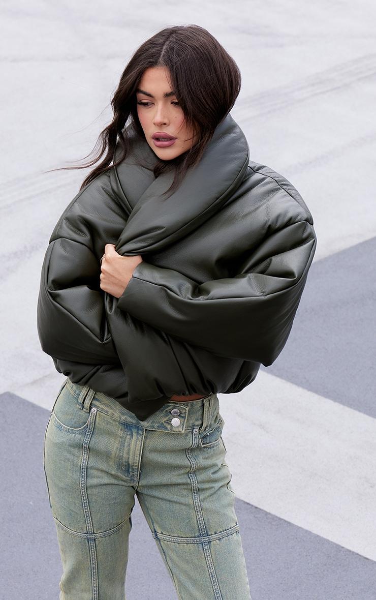 Khaki Exaggerated Collar PU Cropped Puffer Coat Product Image
