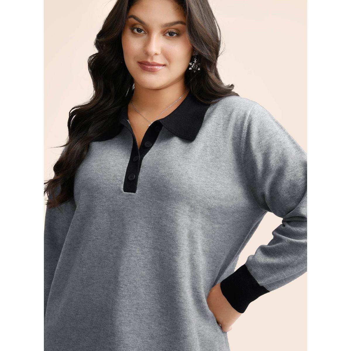 Plus Size Supersoft Essentials Contrast Polo Neck Button Up Pullover Mediumgray Women Casual Loose Long Sleeve Polo Everyday Pullovers BloomChic 26/4X Product Image