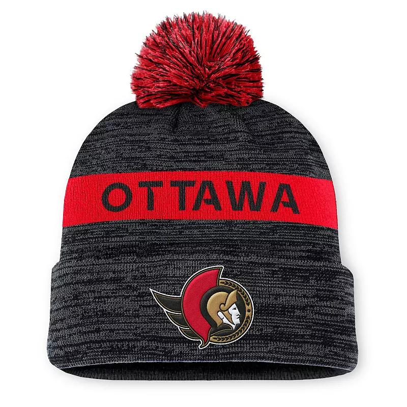 Men's Fanatics Black/Red Ottawa Senators Authentic Pro Rink Cuffed Knit Hat with Pom, Sen Black Product Image