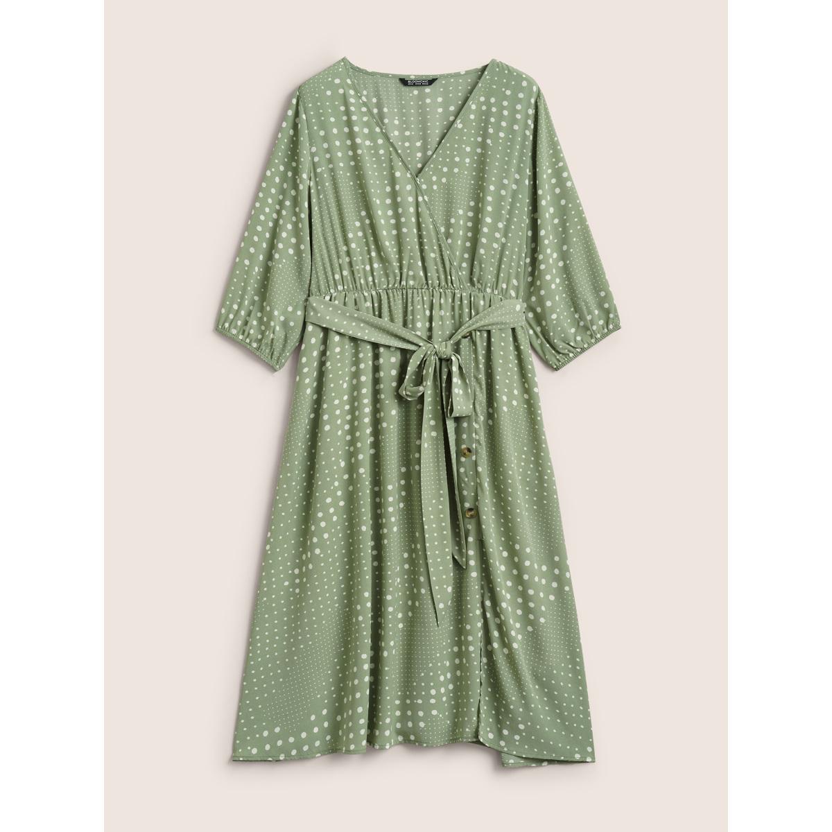 Plus Size Polka Dot Overlap Collar Belted Lantern Sleeve Dress Mint Women Elegant Non Overlap Collar Elbow-length sleeve Curvy Midi Dress BloomChic 18-20/2X Product Image