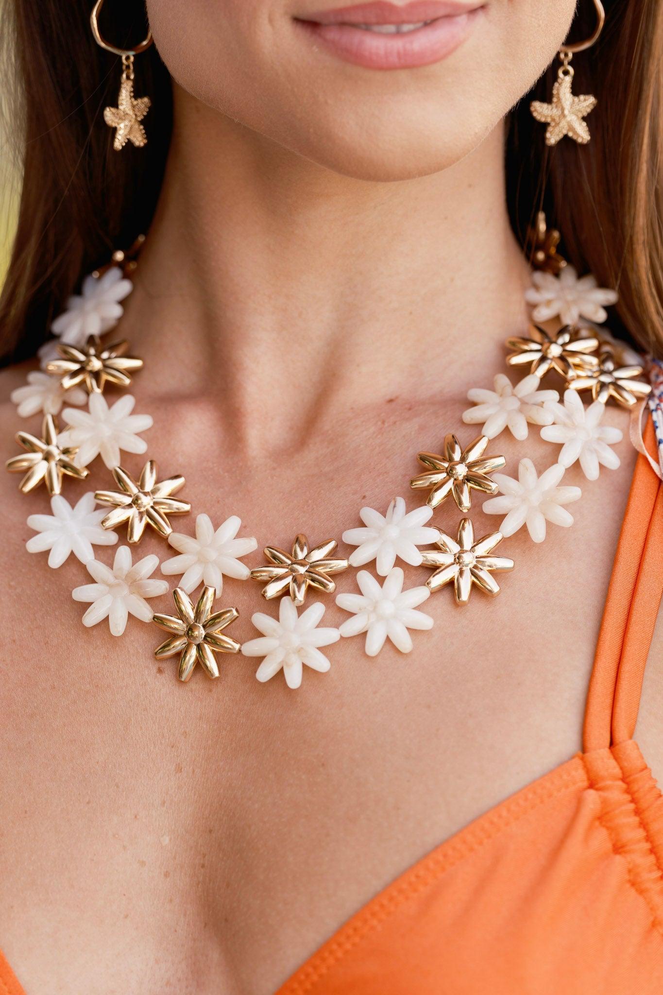 I Didn't Think So Ivory & Gold Layered Flower Statement Necklace Product Image