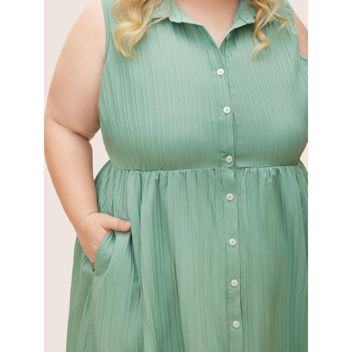 Plus Size Solid Shirt Collar Ruffle Pocket High Low Hem Button Up Dress Mint Women Office Non Polo Sleeveless Curvy Midi Dress BloomChic 14-16/1X Product Image