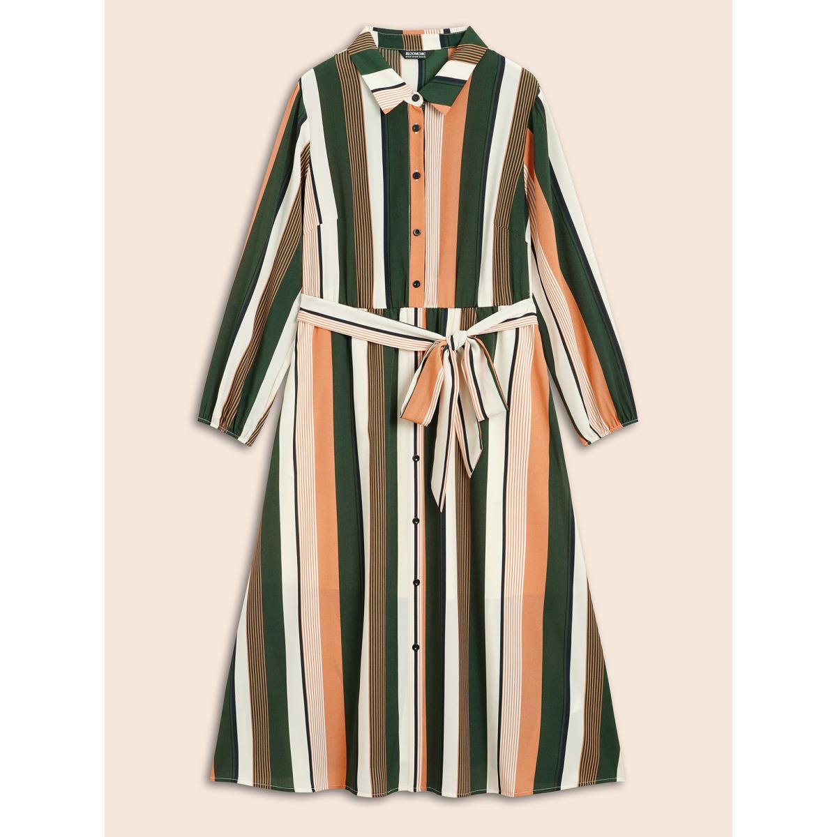Plus Size Contrast Striped Belted Midi Dress Multicolor Women At the Office Belted Shirt collar Long Sleeve Curvy BloomChic 28/5X Product Image