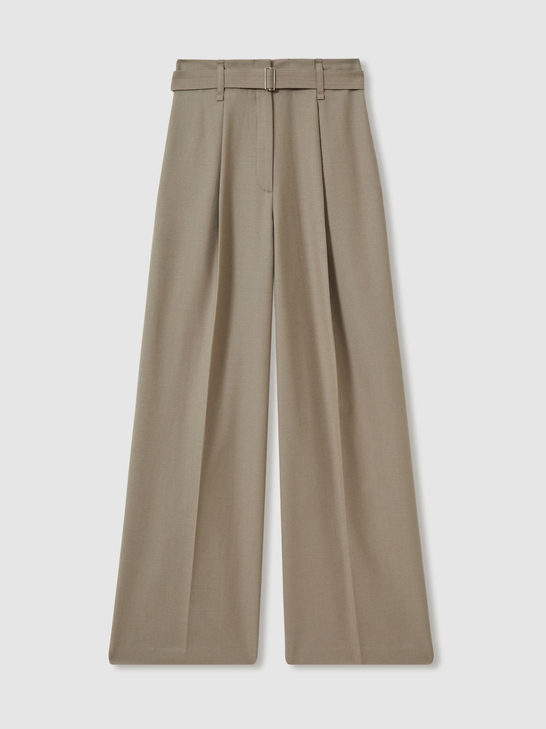 Petite Wool Belted Wide-Leg Trousers in Neutral Product Image
