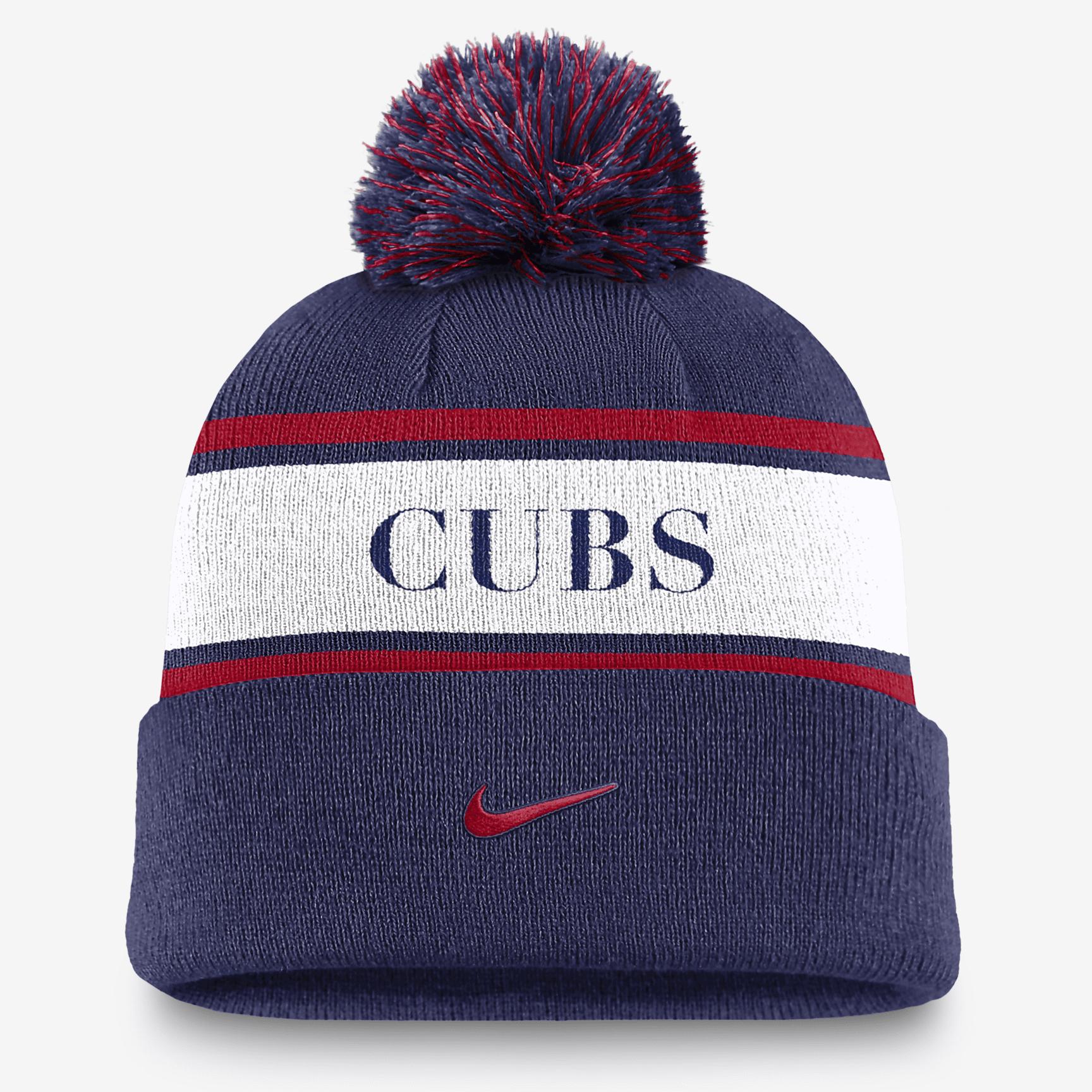 Men's Nike Royal Chicago Cubs Team Stripe Peak Cuffed Knit Hat with Pom, Blue Product Image