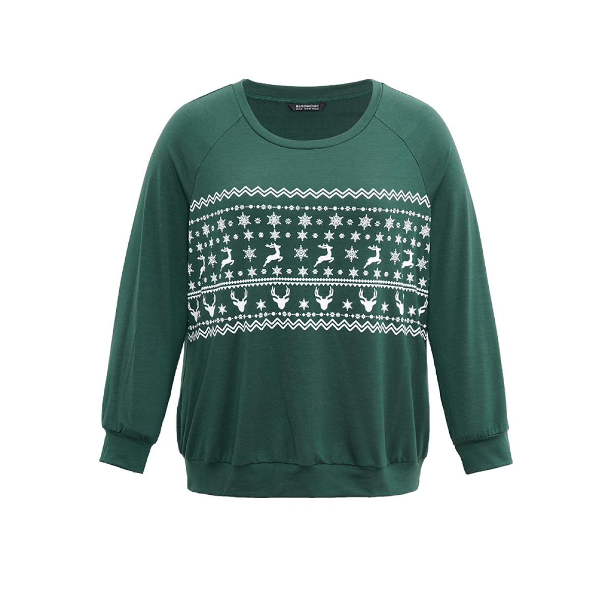 Plus Size Christmas Elk Crew Neck Raglan Sleeve Sweatshirt Women DarkGreen Casual Printed Round Neck Festival-Christmas Sweatshirts BloomChic 30/6X Product Image