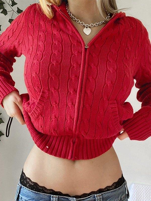 Cable Knit Zip Up Hooded Cardigan Product Image