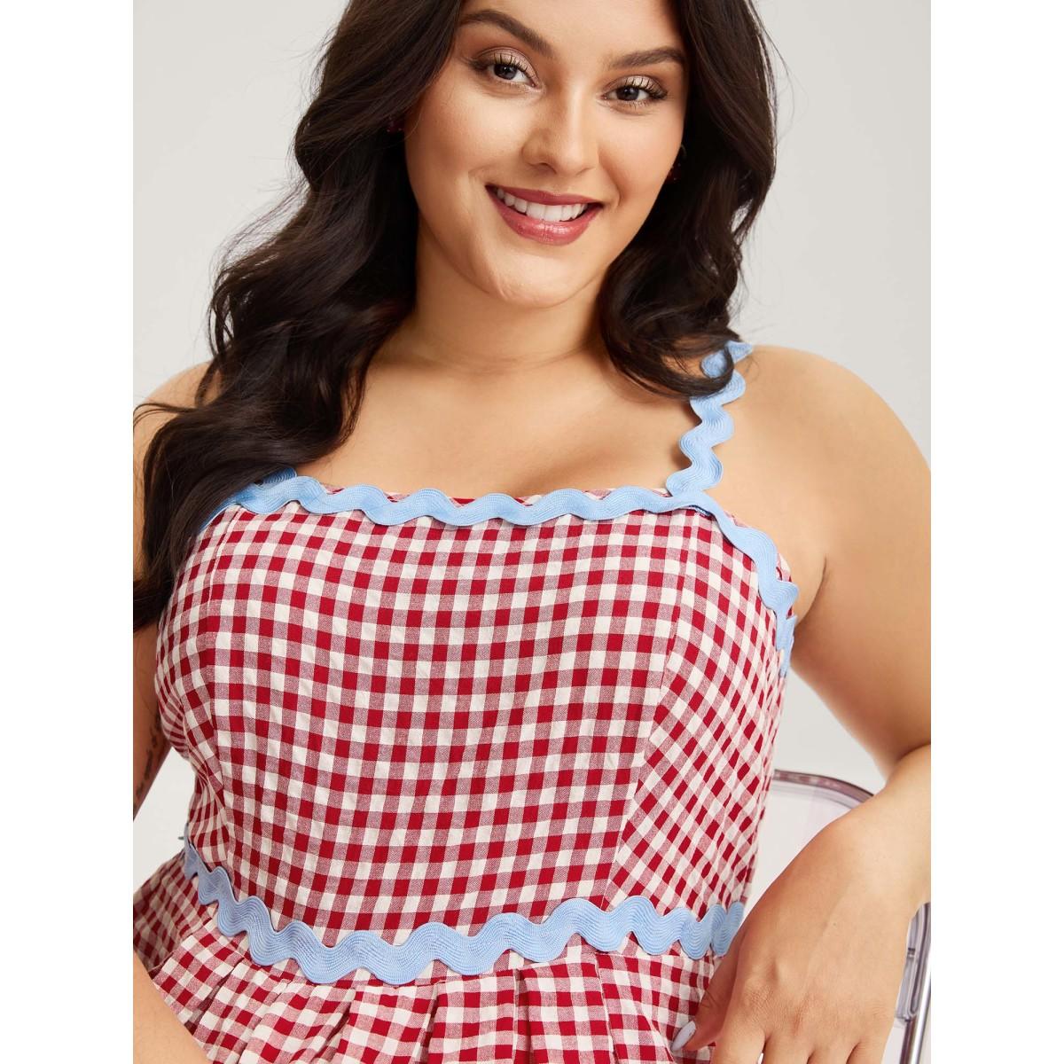 Plus Size Cotton Sweet Gingham Print Stretchy Waist Midi Dress Raspberry Women Non Sleeveless Curvy BloomChic 26/4X Product Image