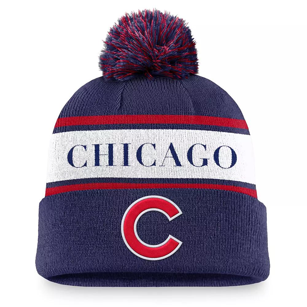 Men's Nike Royal Chicago Cubs Team Stripe Peak Cuffed Knit Hat with Pom, Blue Product Image