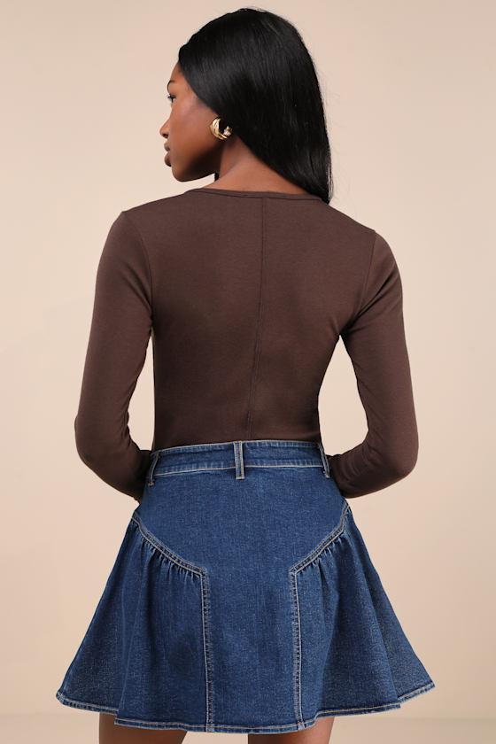 Edgy Affection Dark Wash Denim High-Rise Paneled Mini Skirt Product Image