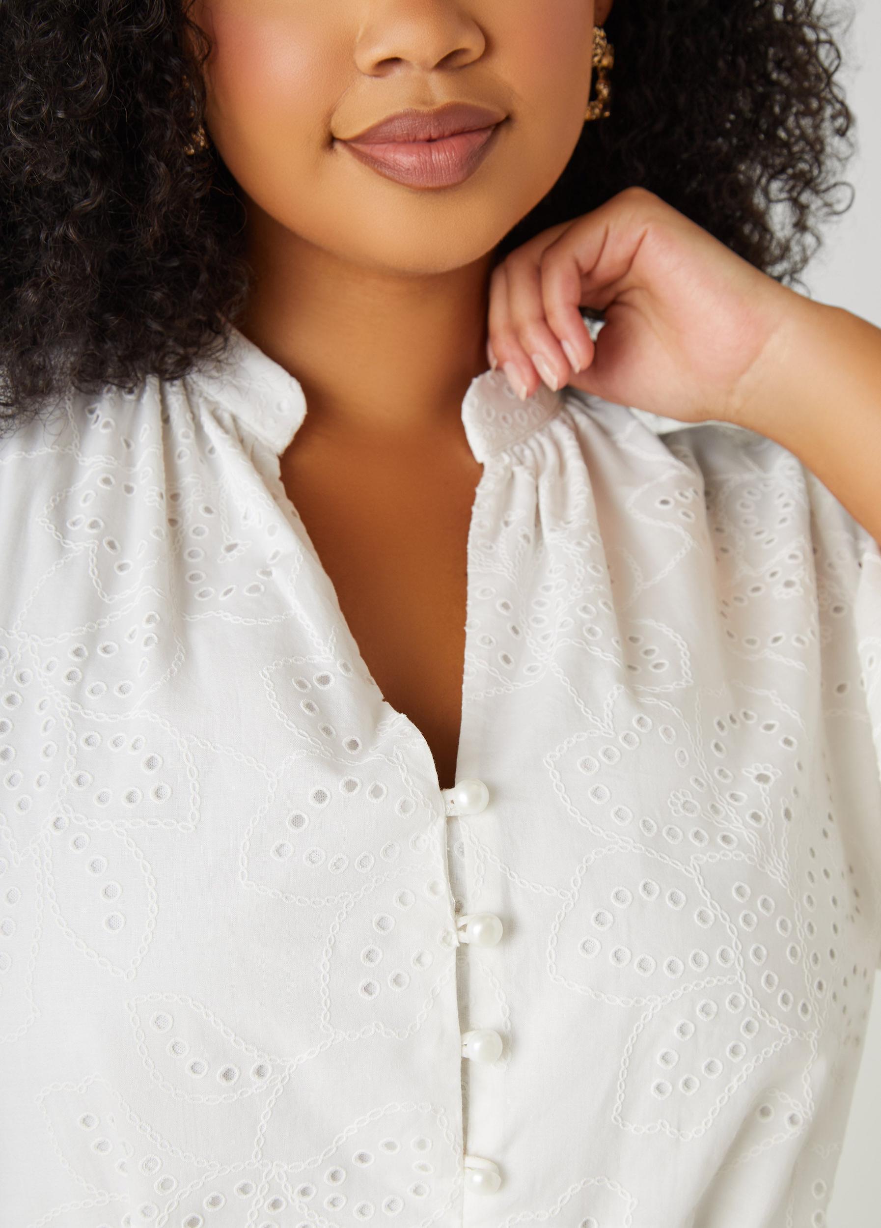 Plus Size Eyelet Cotton Puff Sleeved Dress Ashley Stewart Product Image