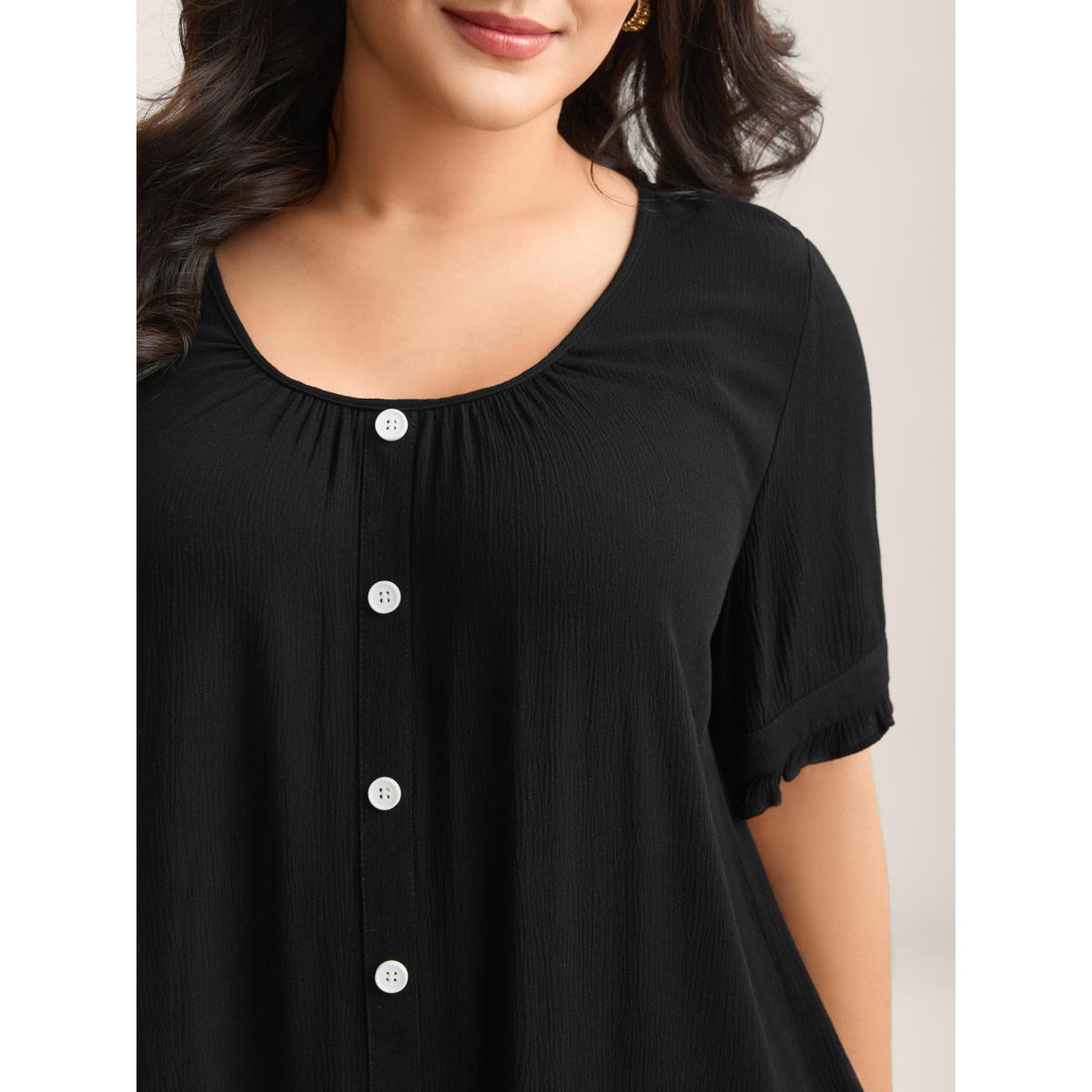 Plus Size Black Textured Button Detail Pleated Solid Top Women Leisure Short sleeve Round Neck Casual Blouses BloomChic 18-20/2X Product Image
