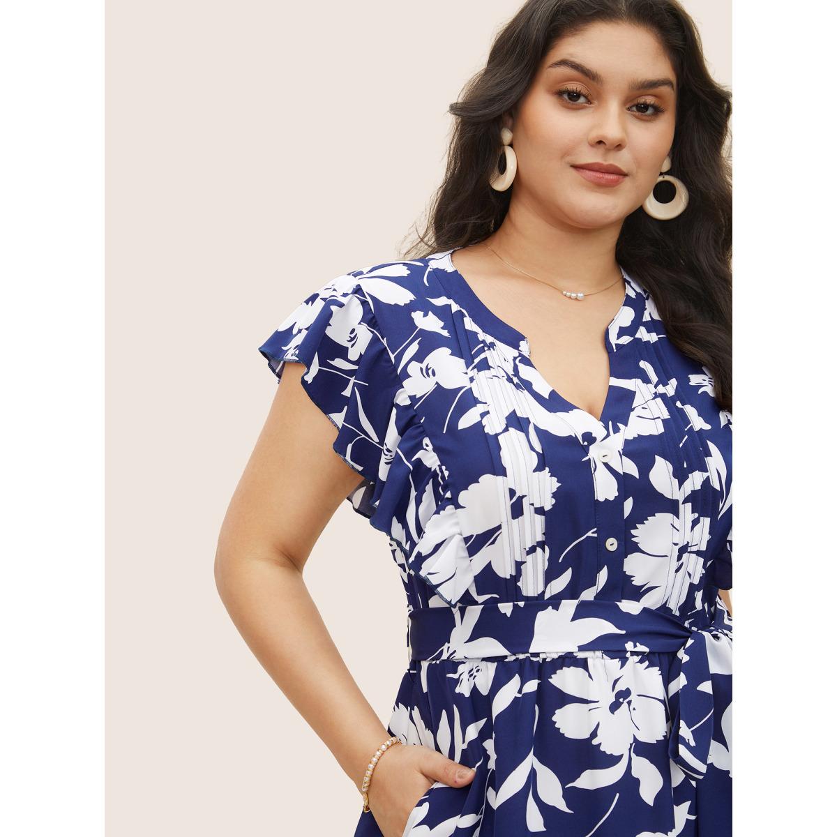 Plus Size Silhouette Floral Print Ruffle Cap Sleeve Dress Navy Women Elegant Belted V-neck Sleeveless Curvy Midi Dress BloomChic 22-24/3X Product Image