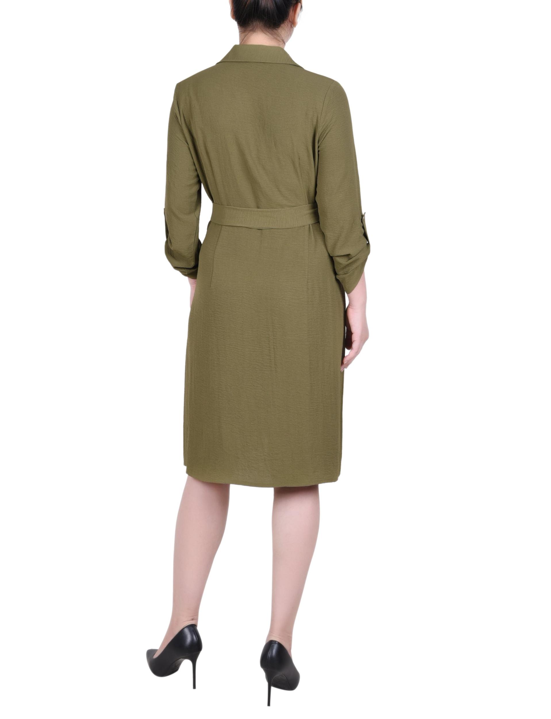 Burnt Olive Long Roll Tab Sleeve Shirtdress Product Image