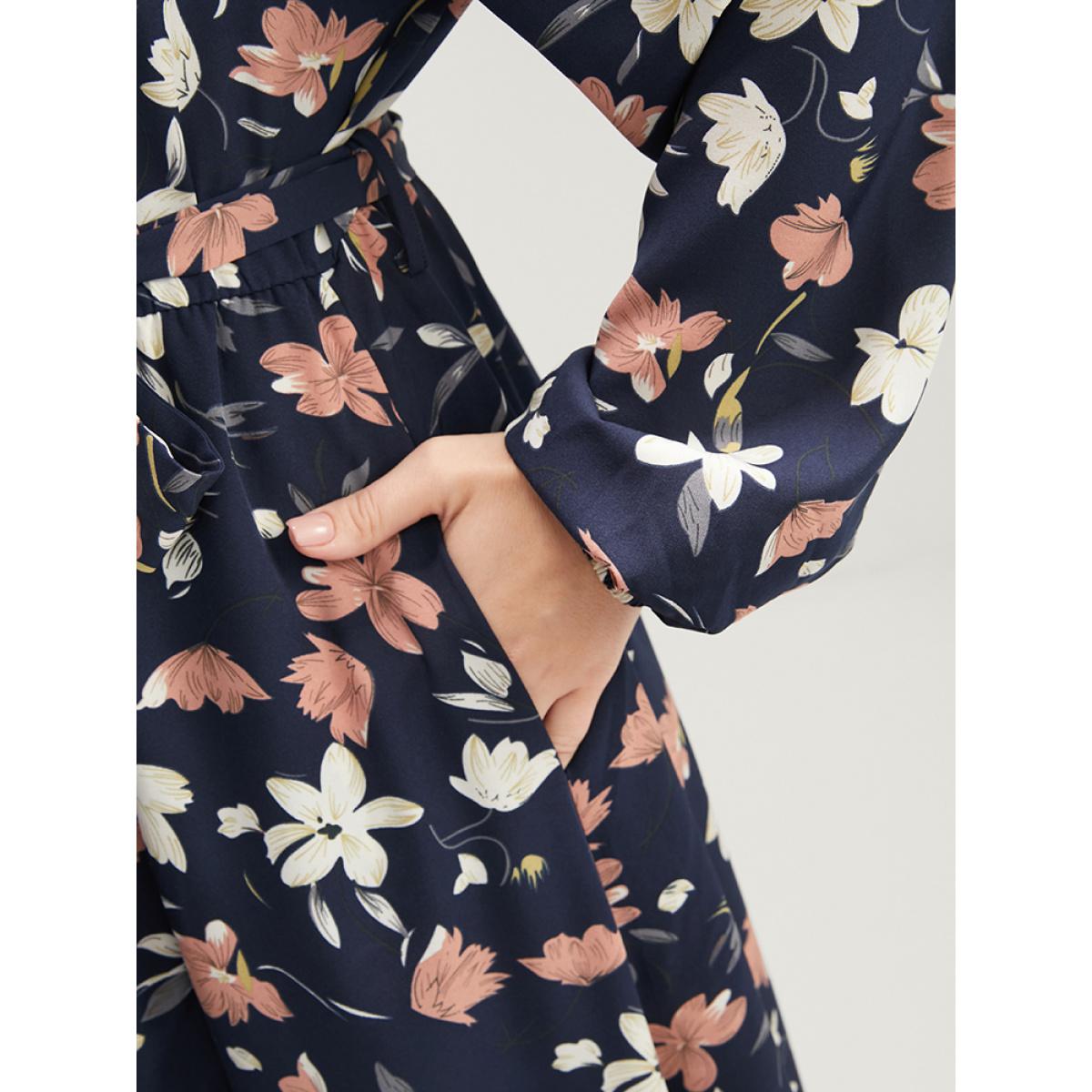 Plus Size Floral Printed Lantern Sleeve Pocket Belted Surplice Neck Dress DarkBlue Women Elegant Pocket V-neck Long Sleeve Curvy Midi Dress BloomChic 30/6X Product Image