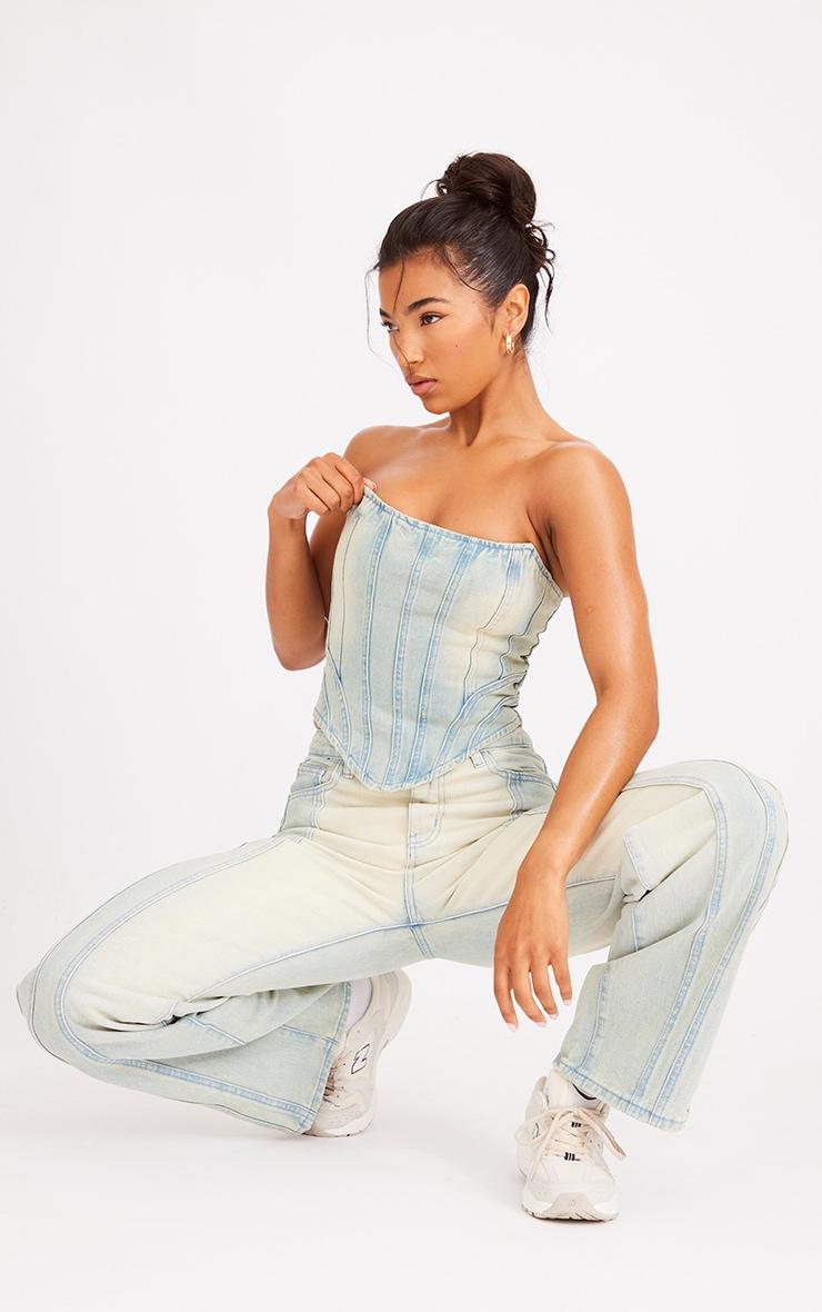 Light Blue Wash Seam Detail Corset Top Product Image