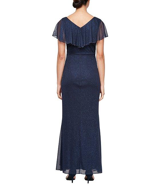 Ignite Evening V-Neck Flutter Sleeve Capelet Bugle Bead Trim Gown Product Image