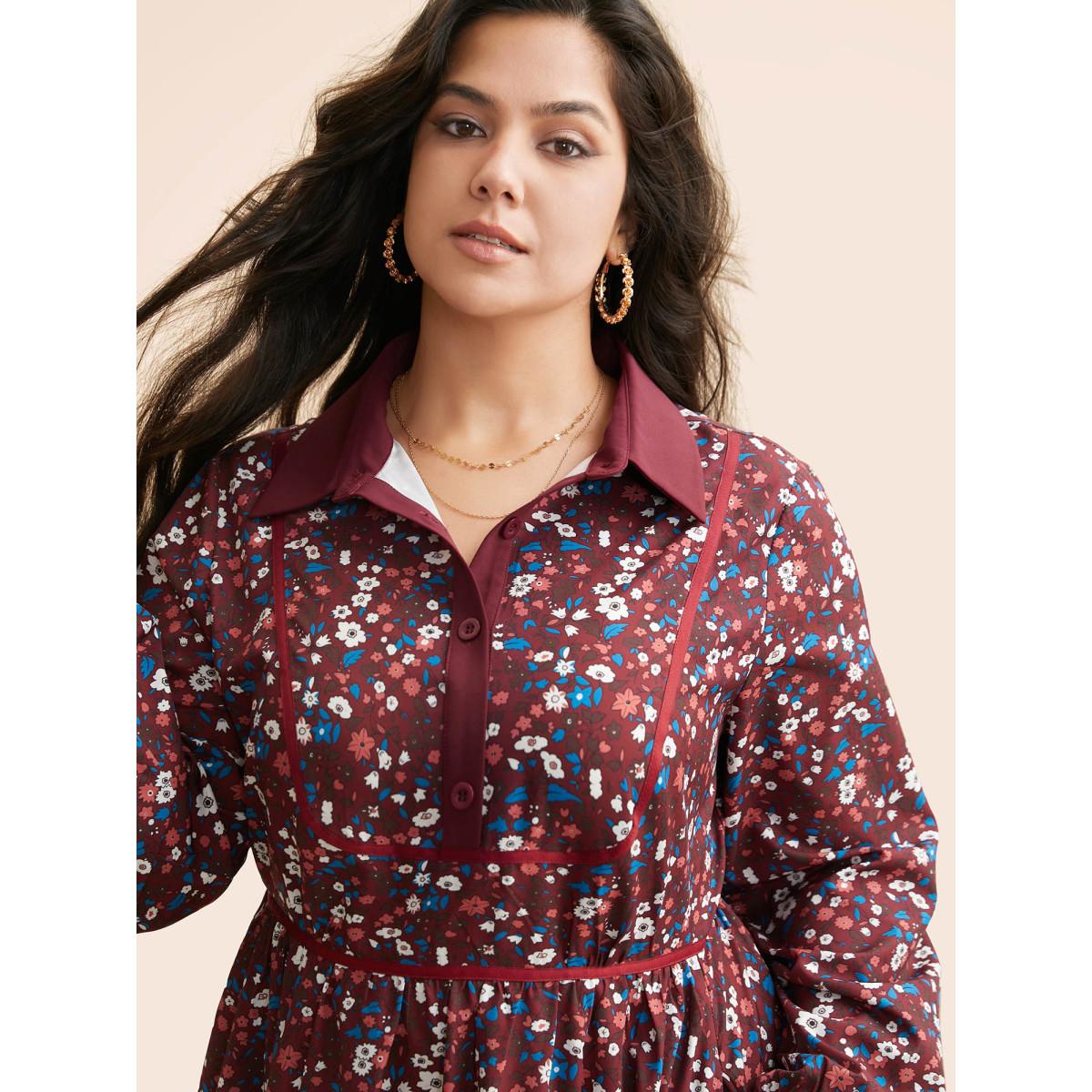 Plus Size Ditsy Floral Woven Ribbon Button Up Dress Burgundy Women Casual Woven ribbon&lace trim Shirt collar Extra Long Sleeve Curvy BloomChic 28/5X Product Image