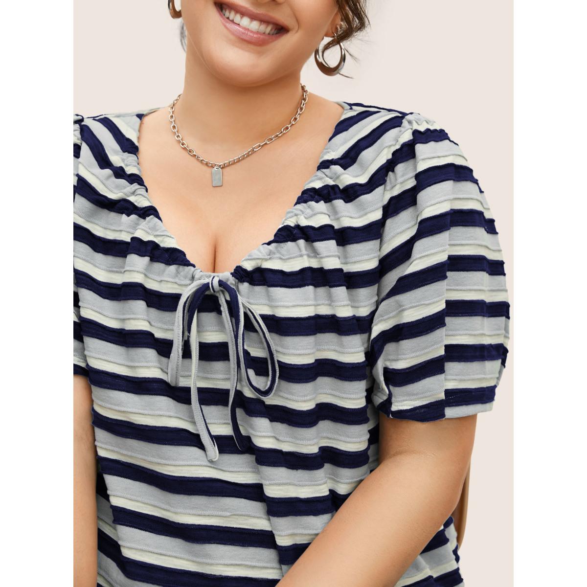 Plus Size V Neck Textured Striped Tie Knot T-shirt Midnight Women Casual Texture V-neck Everyday T-shirts BloomChic 10/M Product Image