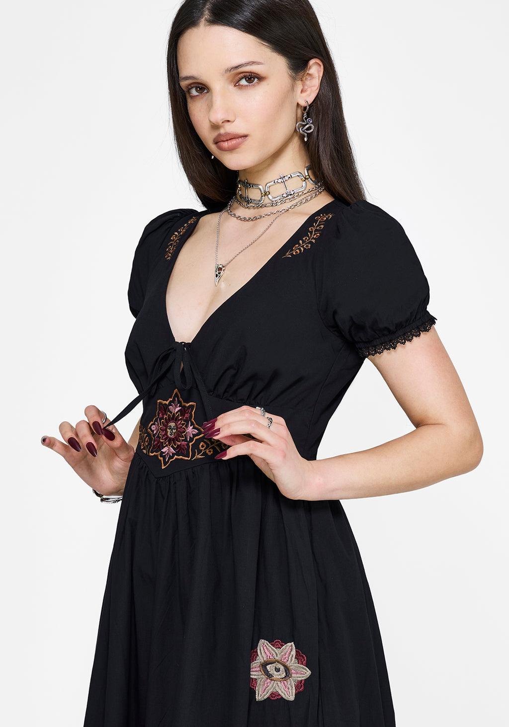 Arianwen Embroidered Puff Sleeve Midaxi Dress - Black Product Image