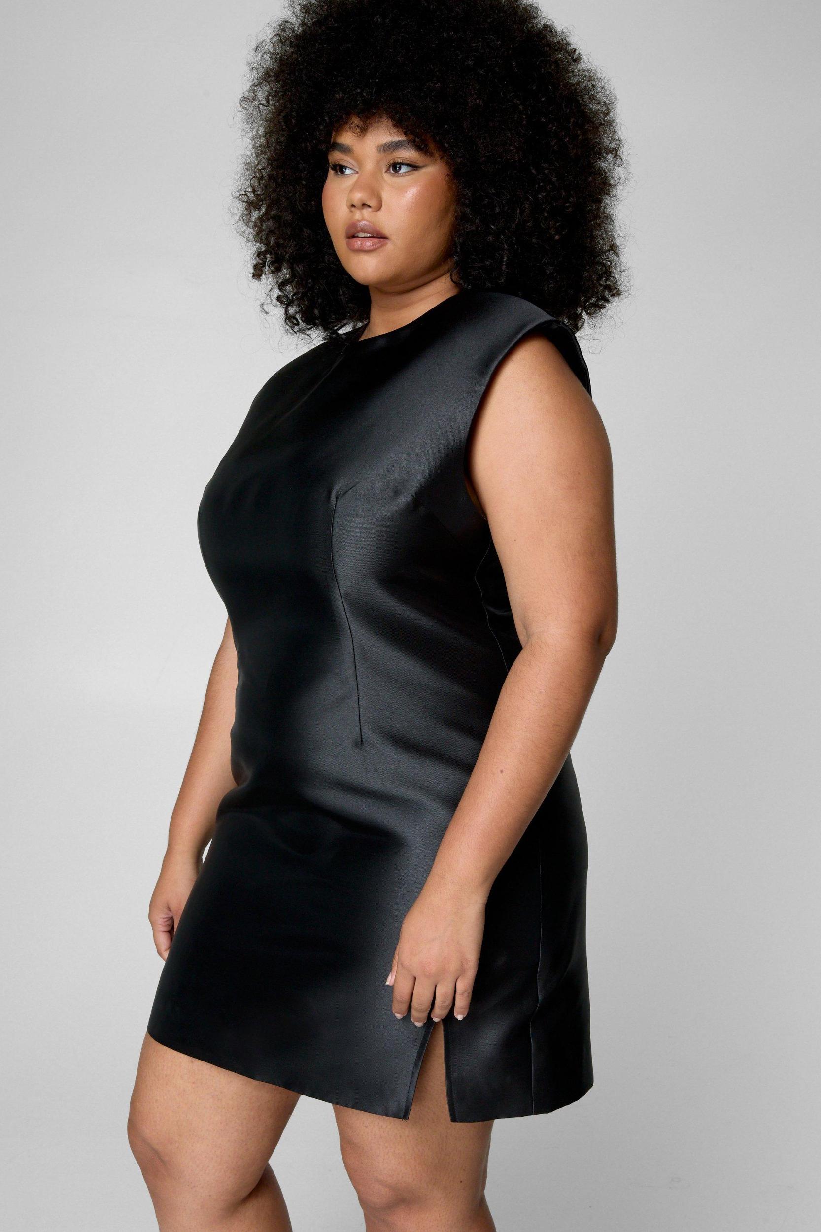 Plus Structured Satin Shoulder Pad Side Split Dress Product Image