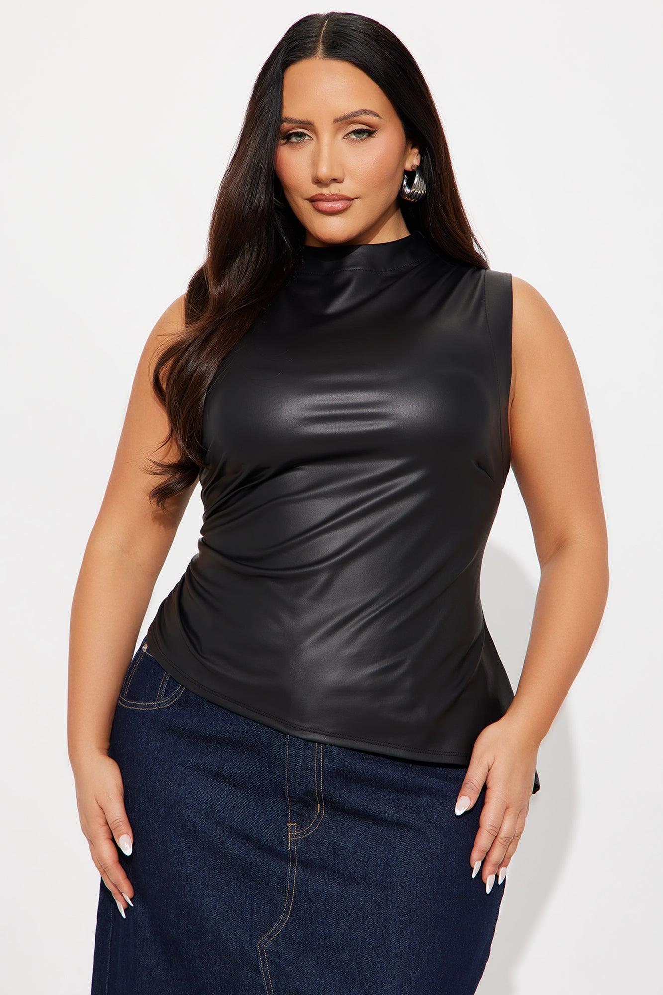 Never Ending Faux Leather Asymmetrical Mock Neck Top - Black Female Product Image