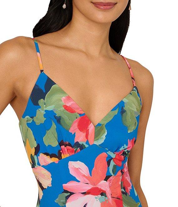 Adrianna Papell V-Neck Spaghetti Straps Floral Print Chiffon Asymmetrical Hem Midi Dress Product Image