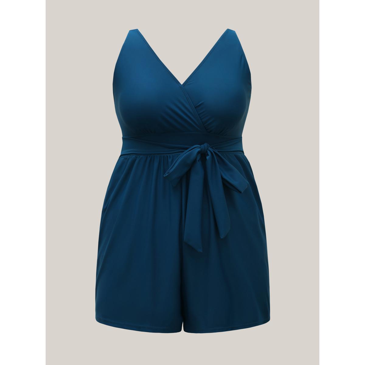 Plus Size Surplice Neckline Belted Plain One-Piece Swimsuit Women's Swimwear Stone Resort Tie knot Curve Bathing Suits High stretch One Pieces BloomChic 18-20/2X Product Image