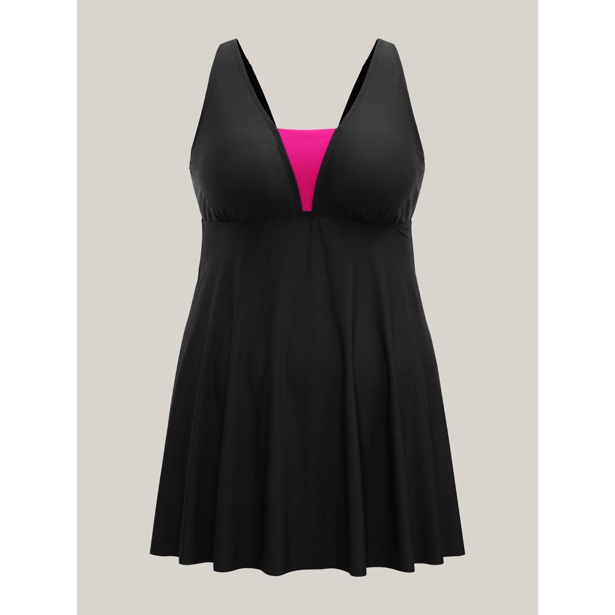 Plus Size V Neck Color Contrast Swim Dress Women's Swimwear Black Resort Bodycon V-neck High stretch Curve Swim Dresses BloomChic 28/5X Product Image