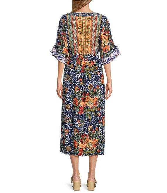 John Mark Animal Floral Embroidered Woven Scoop Neck Doman Sleeve A-Line Midi Dress Product Image