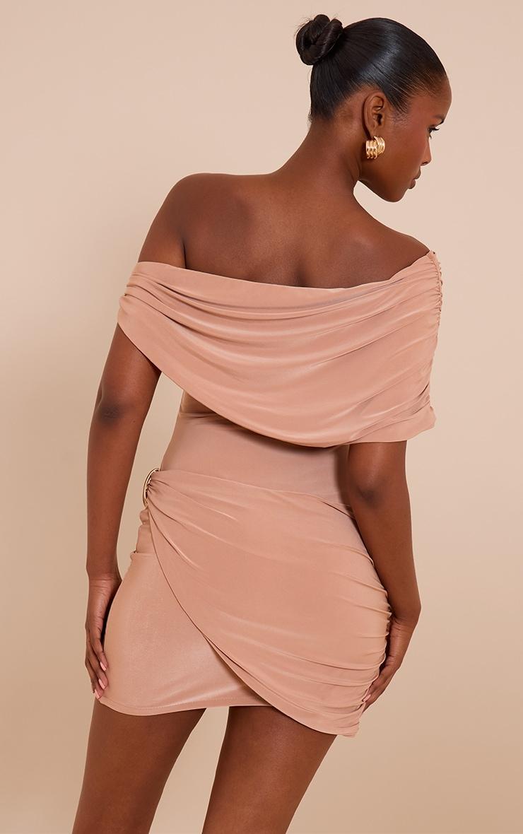 Beige Double Layer Slinky Off The Shoulder Trim Mini Dress Product Image