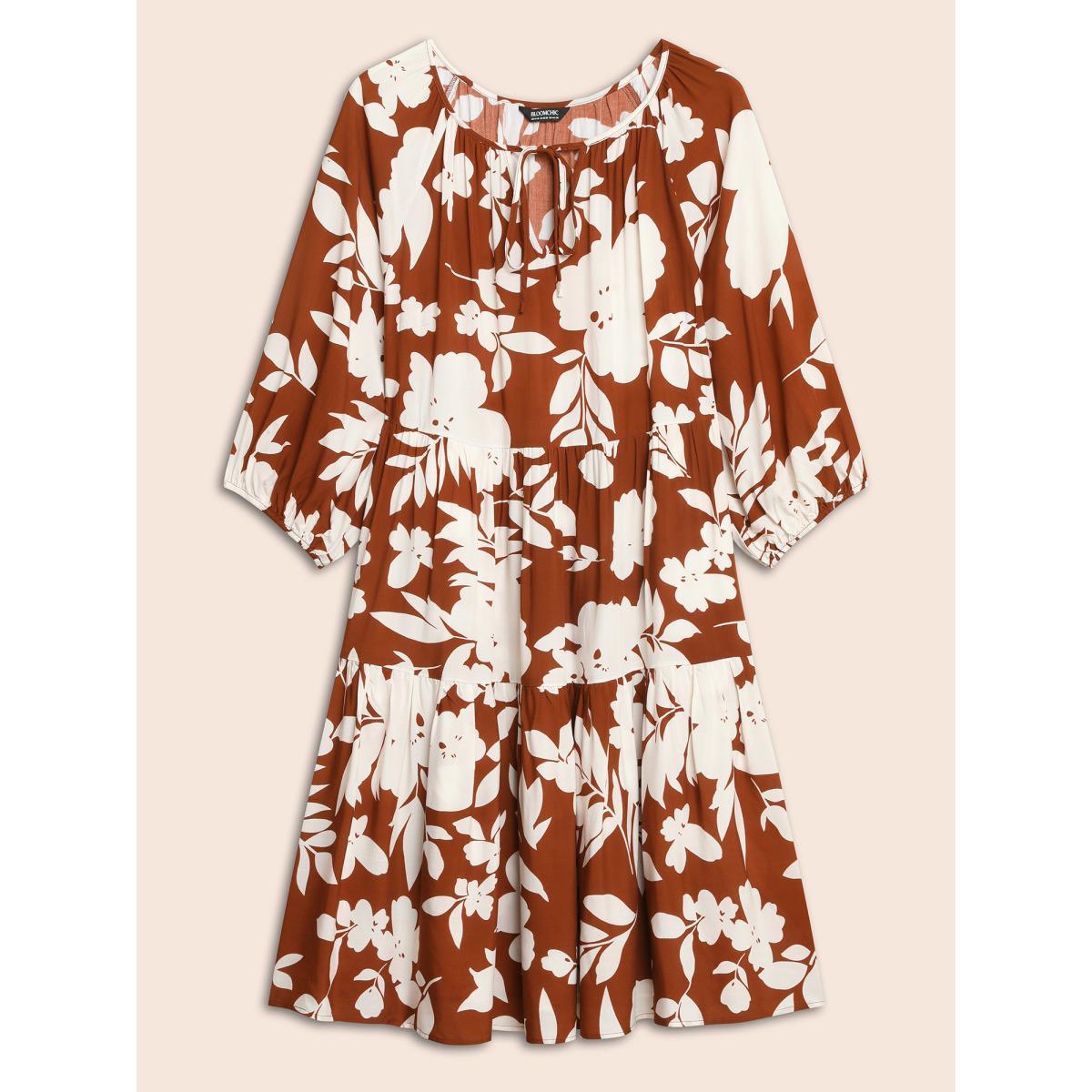 Plus Size Silhouette Floral Print Knot Neck Lantern Sleeve Dress Russet Women Office Elastic cuffs Round Neck Half Sleeve Curvy Midi Dress BloomChic 14-16/1X Product Image