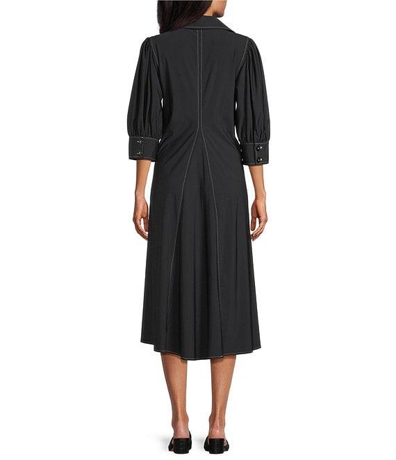 IC Collection Knit Collar V-Neck Elbow Puff Sleeve Fit-An-Flare Midi Dress Product Image