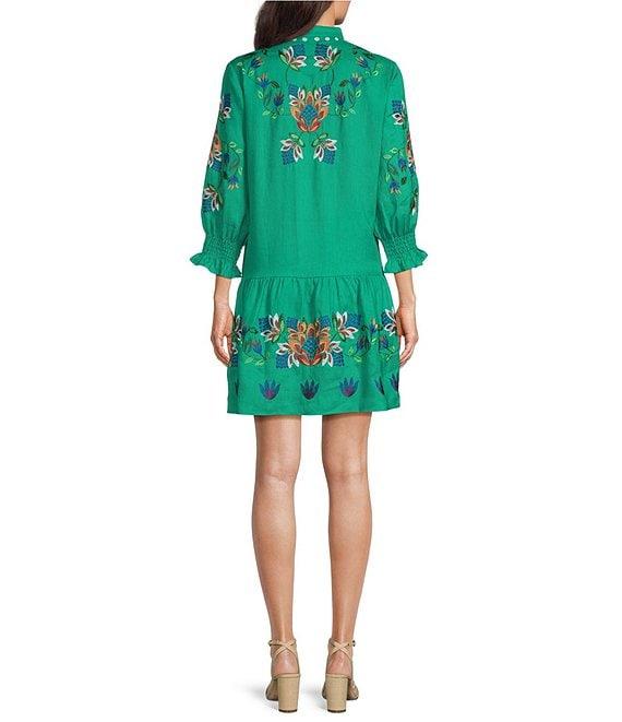 tyler boe Niki Linen Split V-Neck Tassel Tie 3/4 Sleeve Embroidered Dress Product Image