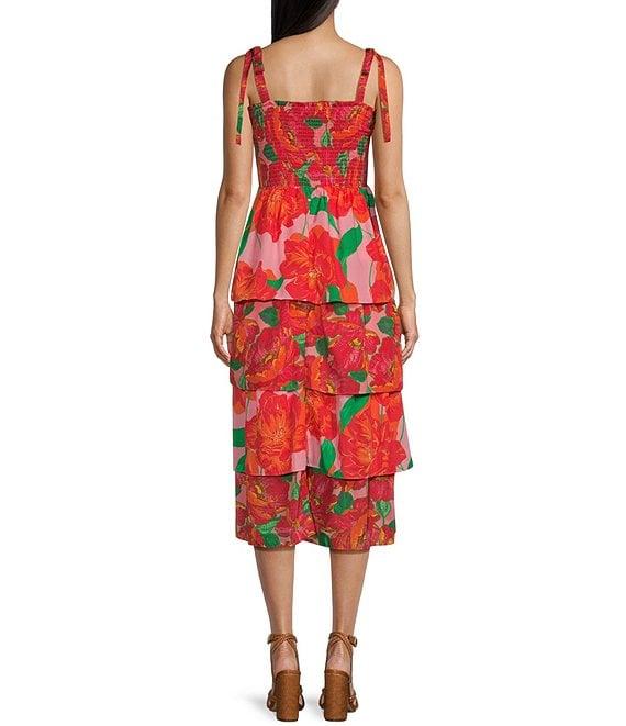 Midnight Doll Floral Print Tie Straps Smocked Bodice Tiered Maxi Dress Product Image