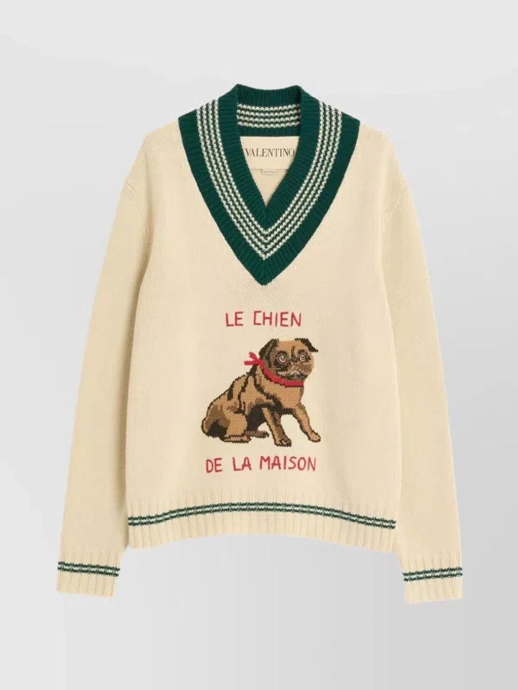 VALENTINO Embroidered V-neck Crewneck Sweater With Ribbed Trim In White Product Image