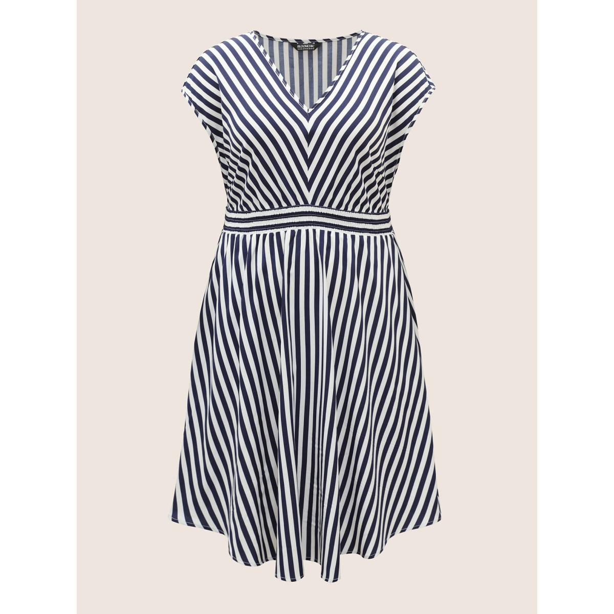 Plus Size Striped Shirred Dolman Sleeve Dress Navy Women At the Office V-neck Cap Sleeve Curvy BloomChic 22-24/3X Product Image
