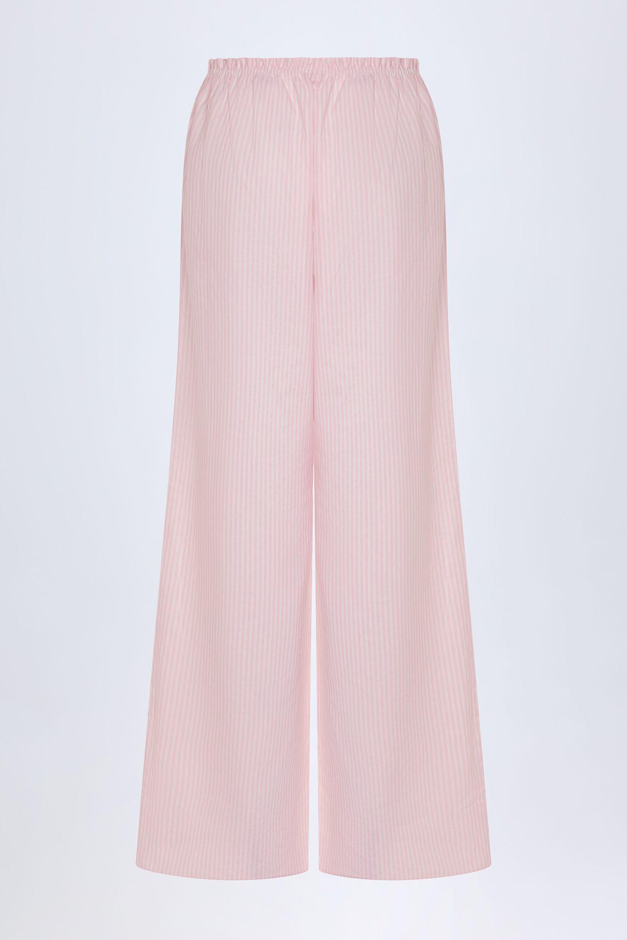 Wide-Leg Cotton-Poplin Trousers in Pink White Stripe Product Image