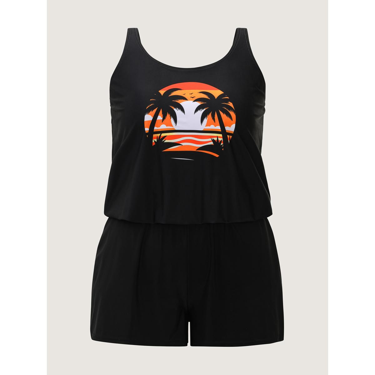 Plus Size Island Pattern Pockets One-Piece Swimsuit Women's Swimwear Black Resort Pocket Curve Bathing Suits High stretch One Pieces BloomChic 28/5X Product Image