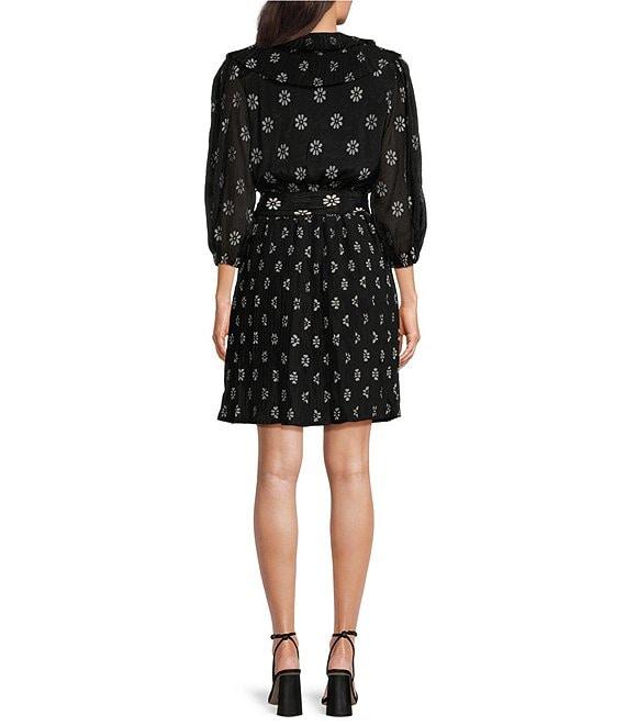 Buru Blanche Floral Print Pleated Split V-Neckline 3/4 Balloon Sleeve Tie Waist Mini Dress Product Image