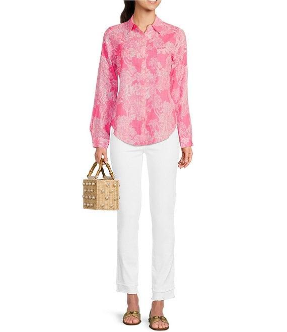 Lilly Pulitzer Sea View Woven Linen Anniversary Toile Print Point Collar Long Sleeve Button Down Blouse Product Image