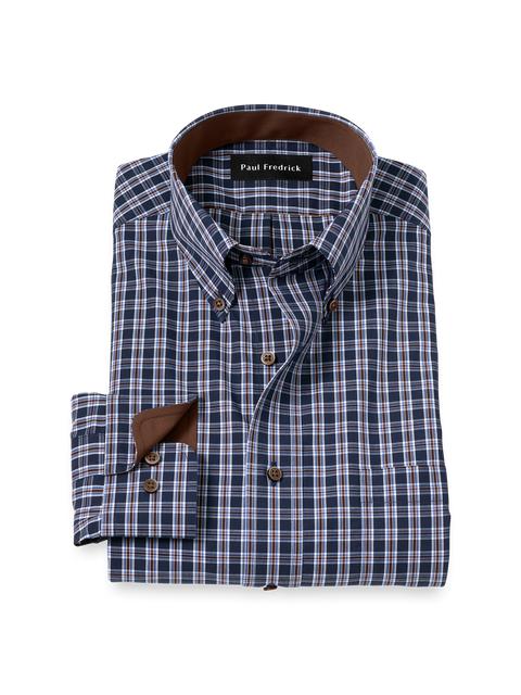 Non-Iron Cotton Plaid Dress Shirt With Contrast Trim - Navy/brown Product Image