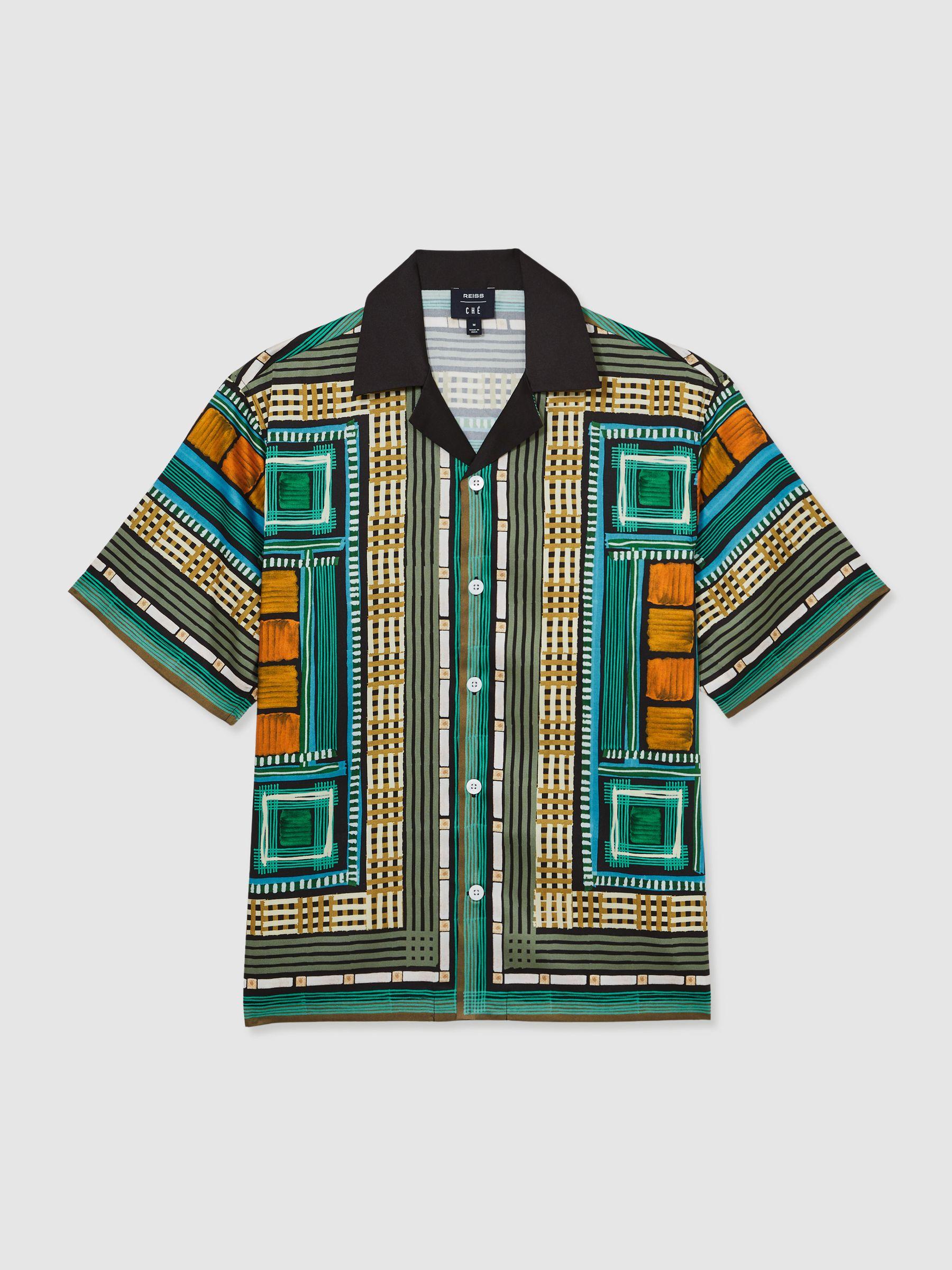 Reiss | Ché Printed Cuban-Collar Shirt in Green Multi Product Image